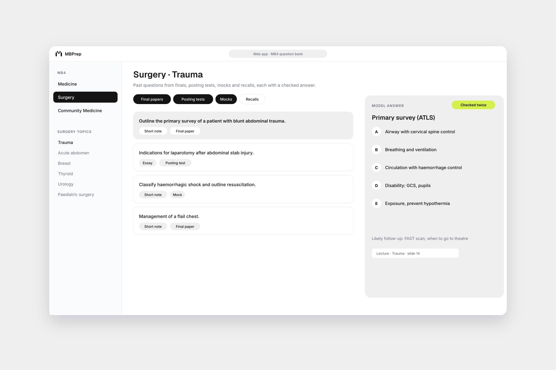 MBPrep web app showing the MB4 Surgery question bank with a checked model answer