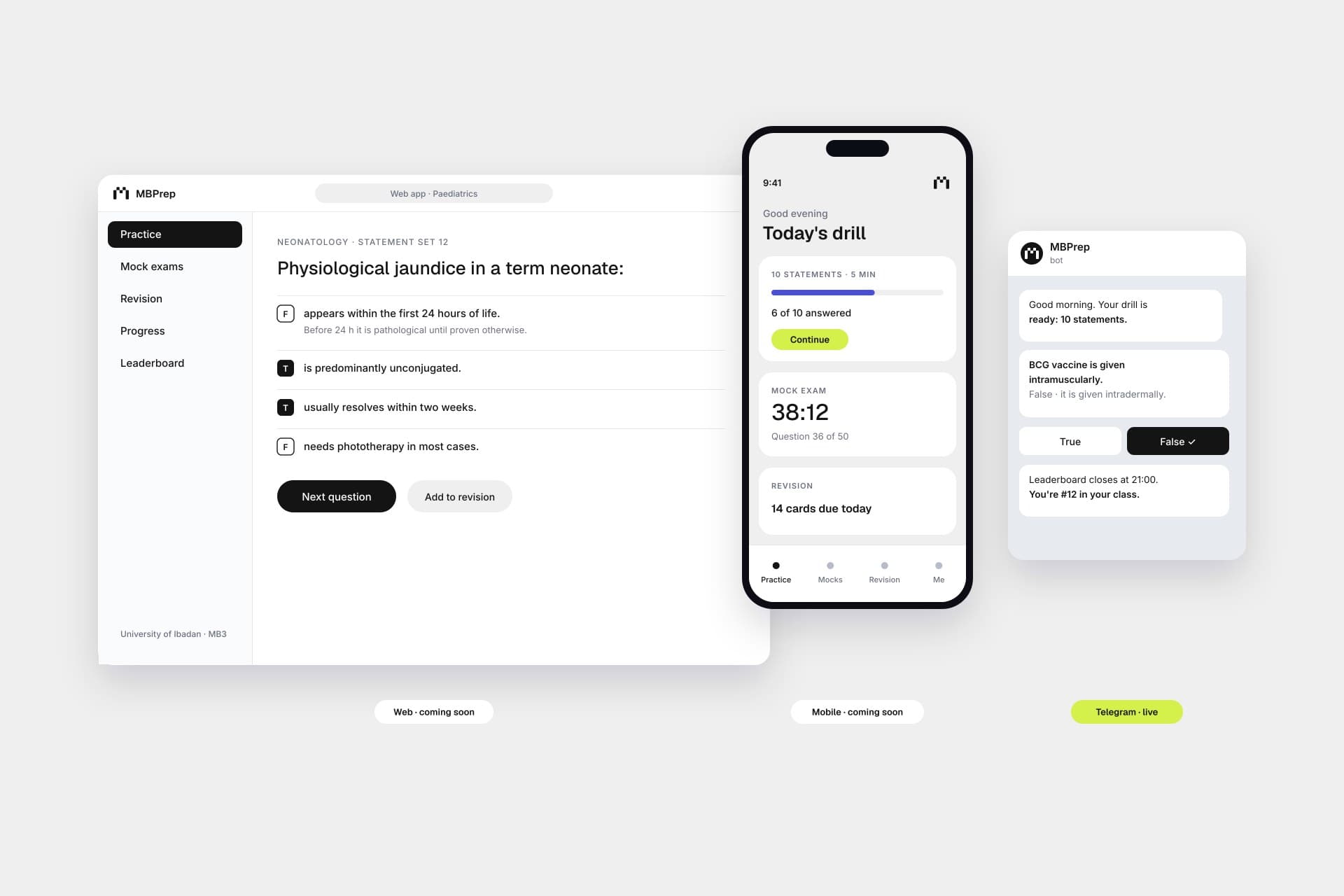 Preview of MBPrep on the web app, the mobile app and in Telegram